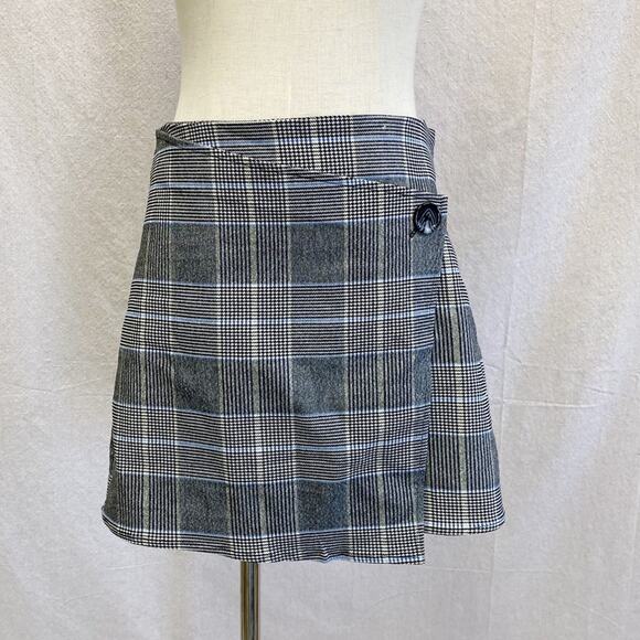 GARAGE Plaid Houndstooth Black, Blue, Yellow Asymmetric Wrap Mini Skirt Medium - Picture 1 of 15